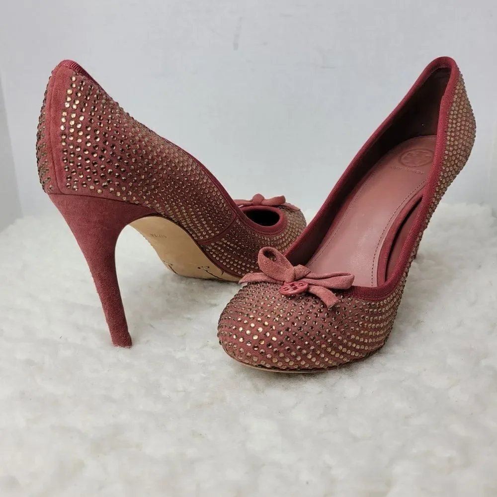 Tory Burch Phoenix Charm Logo Pumps Size 10 Pave Crystal Conceria Cameo Shoes